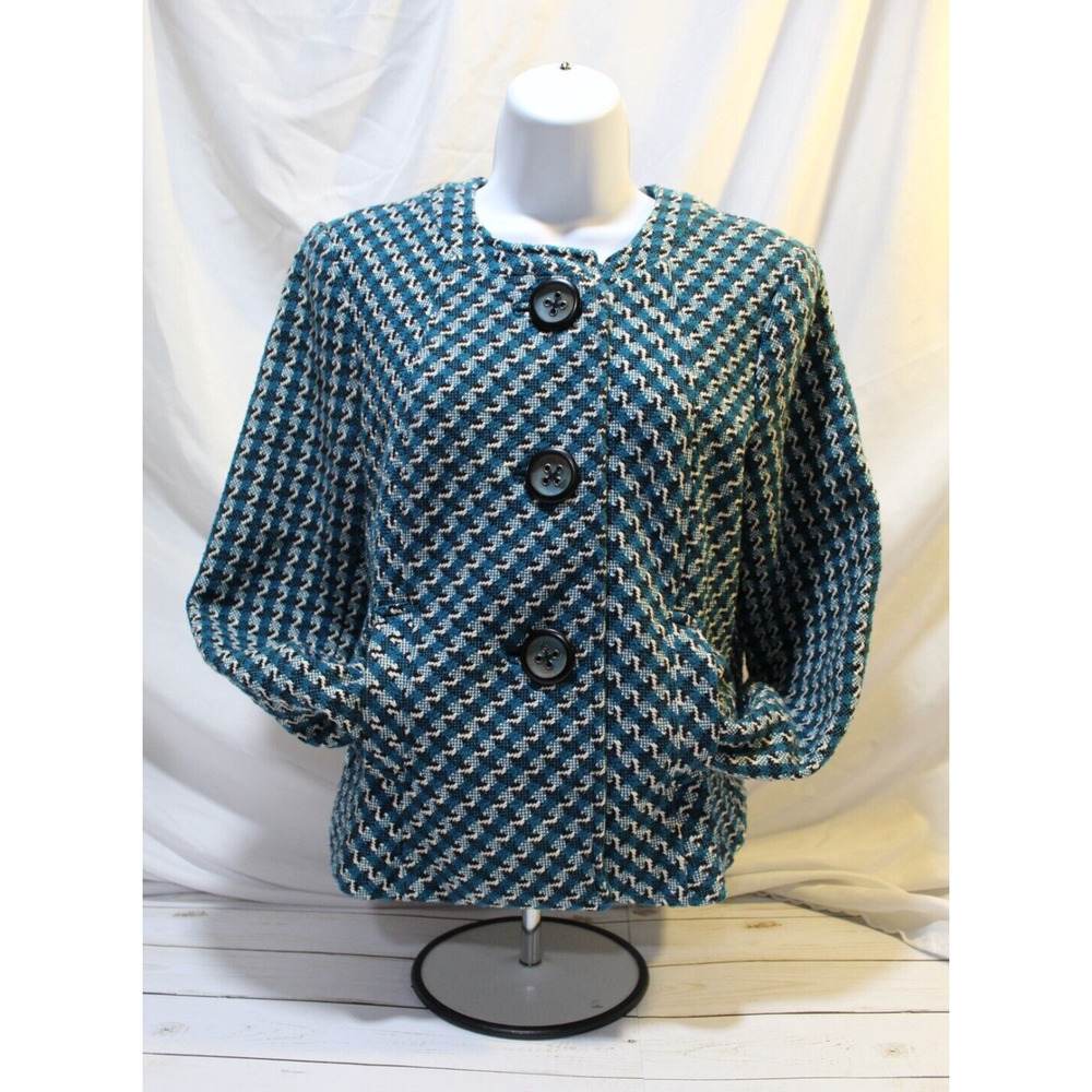 I.C.E. Women's M Teal Black Herringbone Tweed Lined Large Button Blazer Pockets